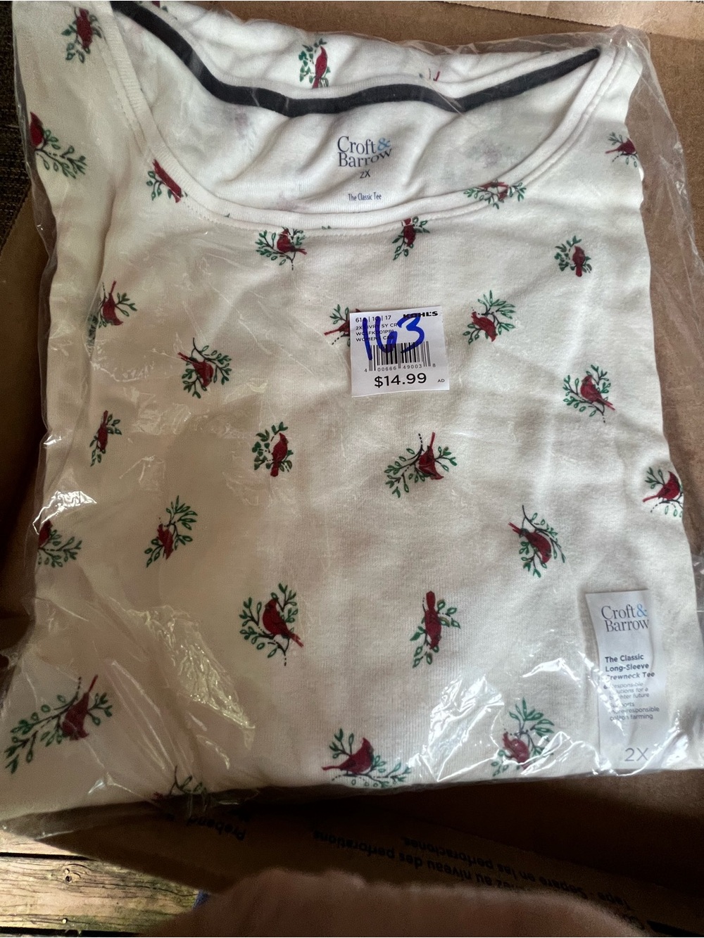 croft & barrow Cream Long-Sleeve Tee with Red Floral Sprigs. 2X. NWT.